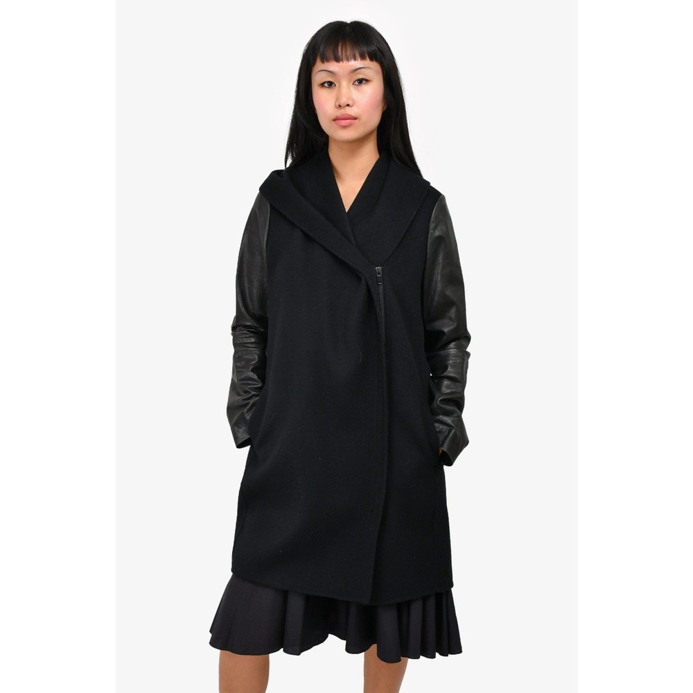 Vince Wool Blend Leather Sleeve Contemporary Minimalist Chic Coat Black Women S